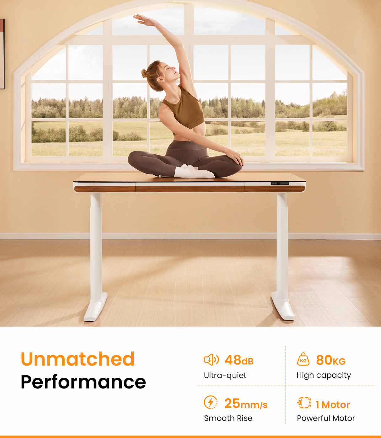 Bureau debout Maidesite Yoga en noyer avec d'excellentes performances comme la montée et la descente en douceur avec un poids de 80 kg.