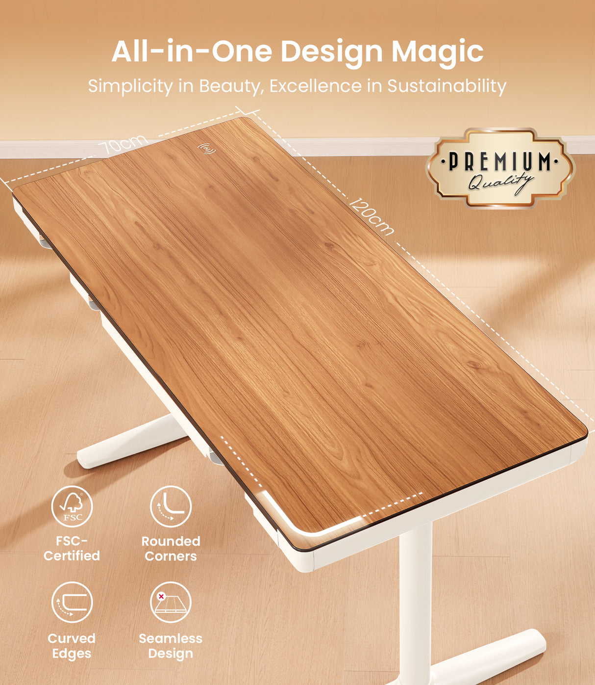 Le bureau debout Maidesite Yoga en noyer 120x70 cm est certifié FSC avec des coins arrondis