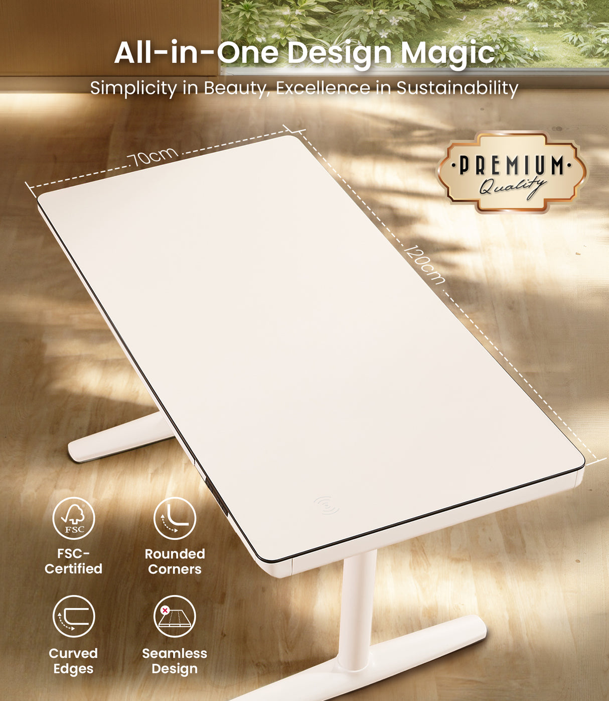 Le bureau debout Maidesite Yoga est livré avec une surface de 120x70 cm certifiée FSC.