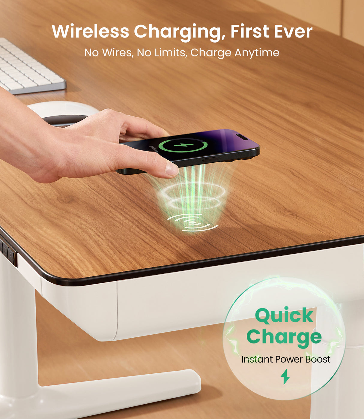 Maidesite Yoga standing desk walnut tabletop embedded wireless charger for easy recharge your smartphone and gadgets