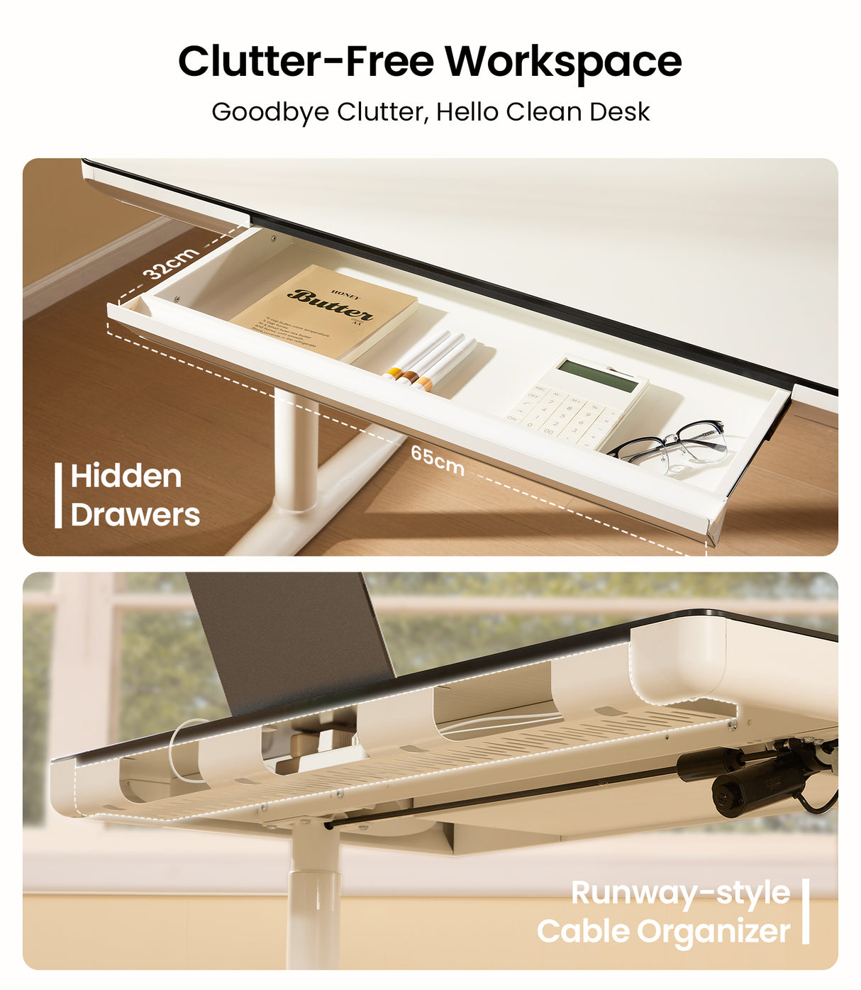 Maidesite Yoga standing desk organise votre bureau avec des tiroirs cachés sous le bureau et un organisateur de câbles de style piste.