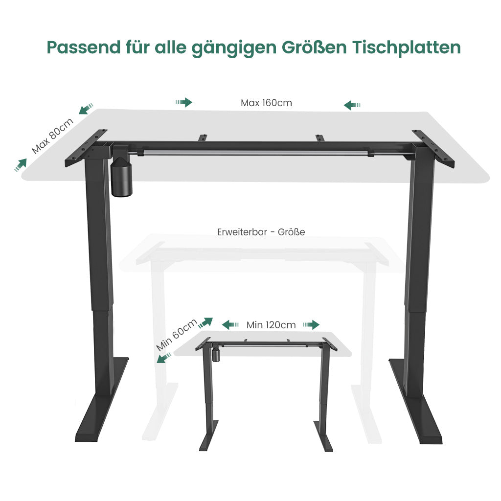 Stehpultrahmen unterstützt 120–160 cm Tischplatte